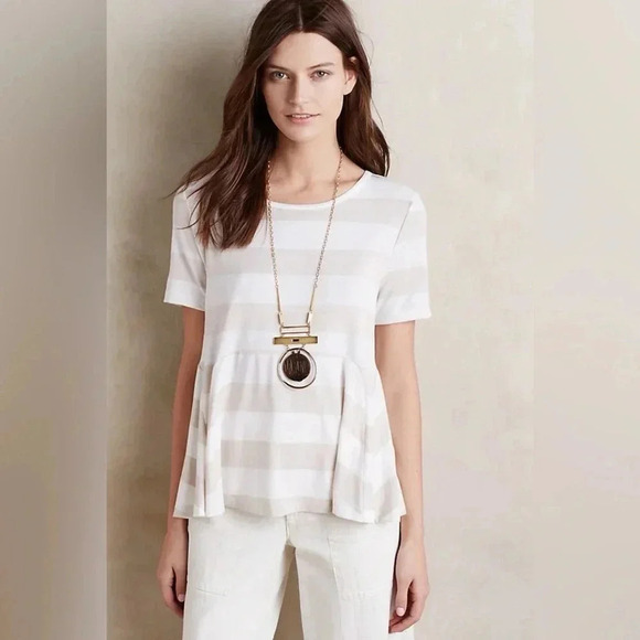 Anthropologie everleigh edgewise peplum tee beige white stripe small medium - Picture 1 of 10